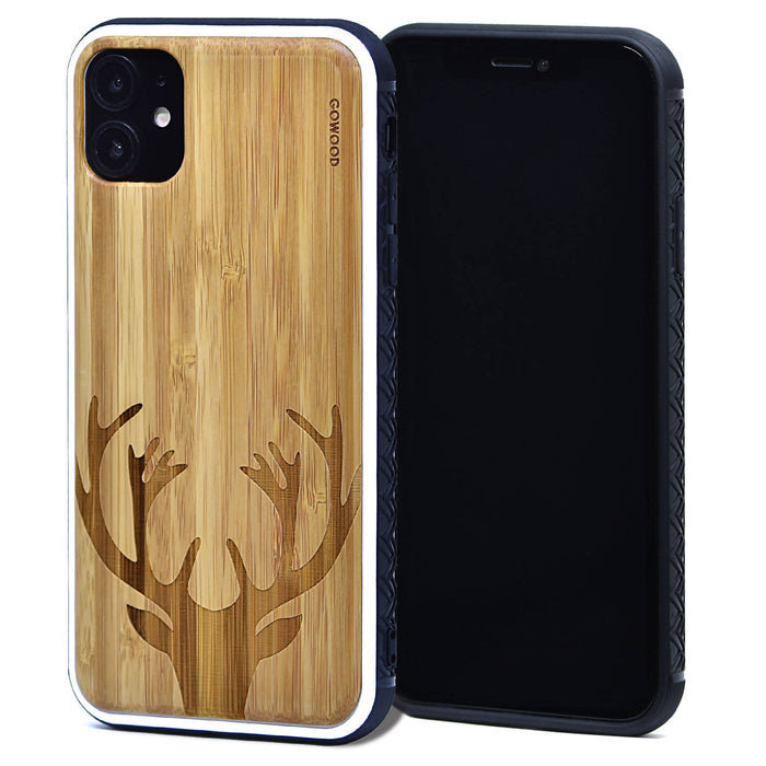 Étui iphone 11 en bois et côtés en tpu - bambou avec gravure chevreuil