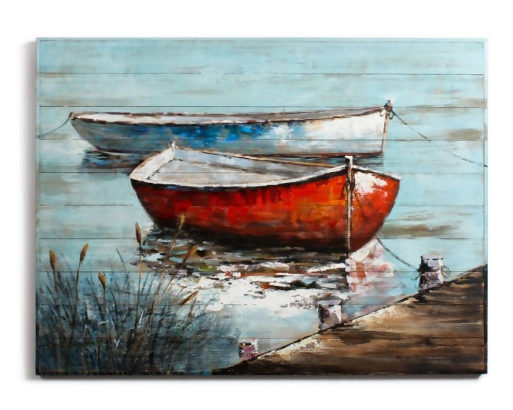 Cadre bateau rouge & bleu peint sur bois