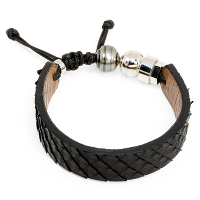 Bracelet en cuir de python, perle de tahiti  et argent