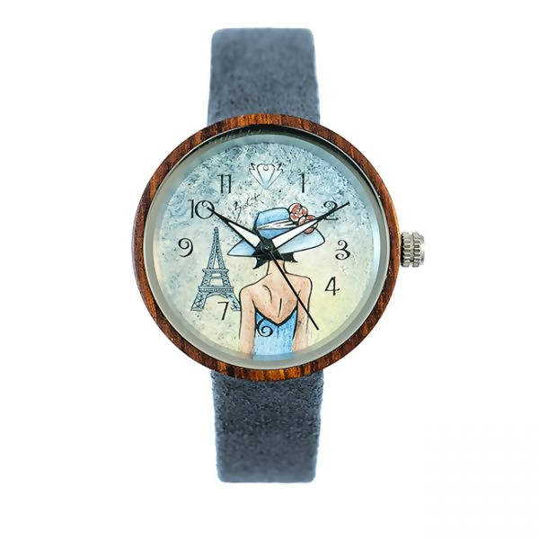 Montre en bois pour femme femme chapeau tour eilffel