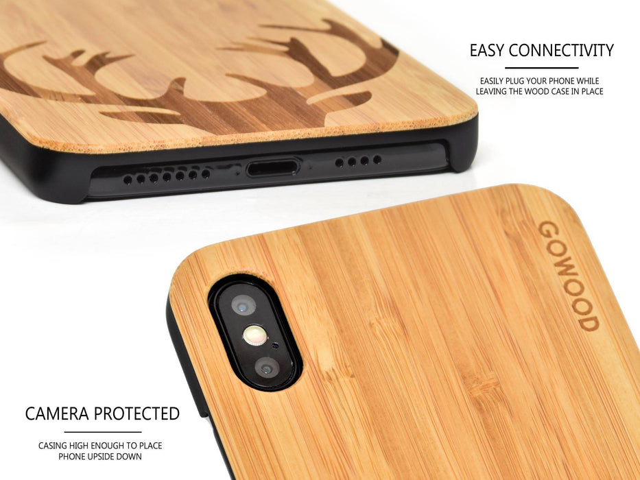 Étui iphone xs max en bois et côtés en polycarbonate - bambou avec gravure chevreuil