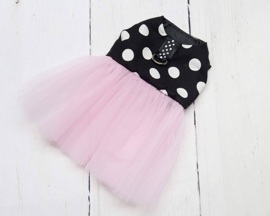 Robe harnais en coton noir à gros pois blanc et tutu tulle rose pour chien xxxs, xxs, xs, s, m et l