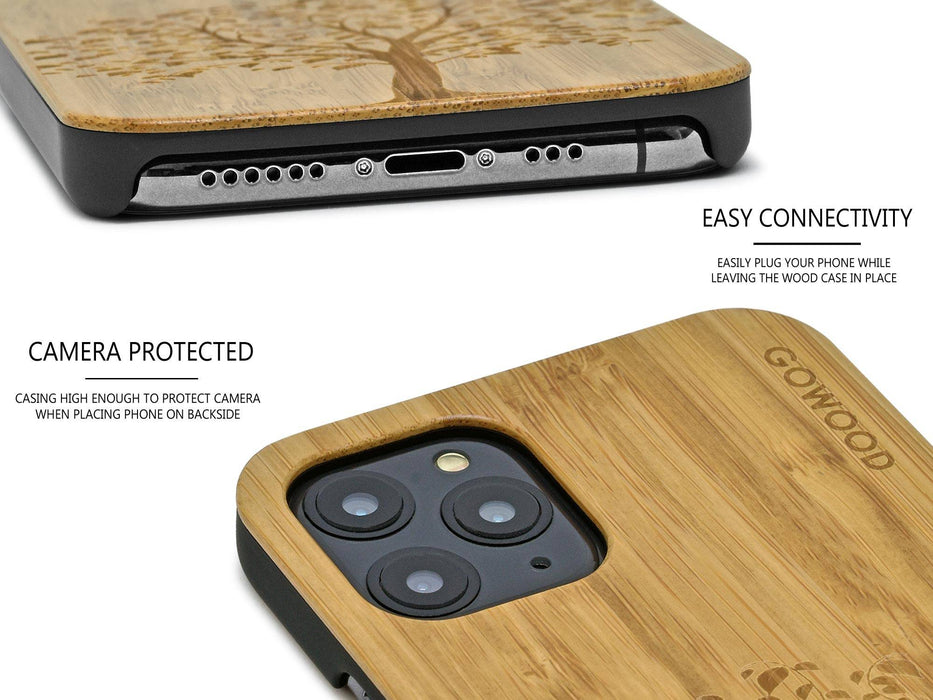 Étui iphone 11 pro en bois et côtés en polycarbonate - bambou avec gravure arbre