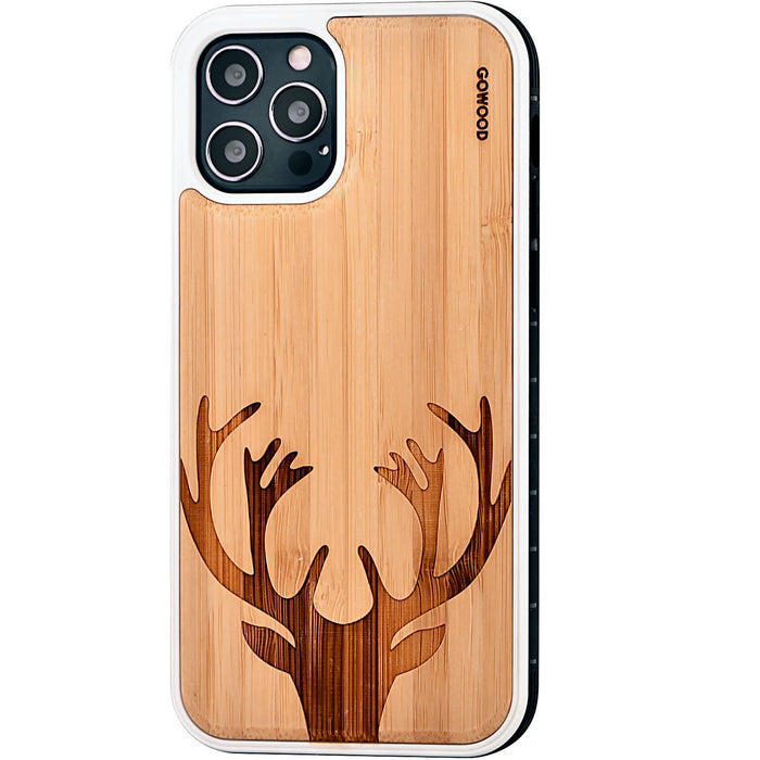 Étui iphone 12 et iphone 12 pro en bois et côtés en tpu - bambou avec gravure chevreuil