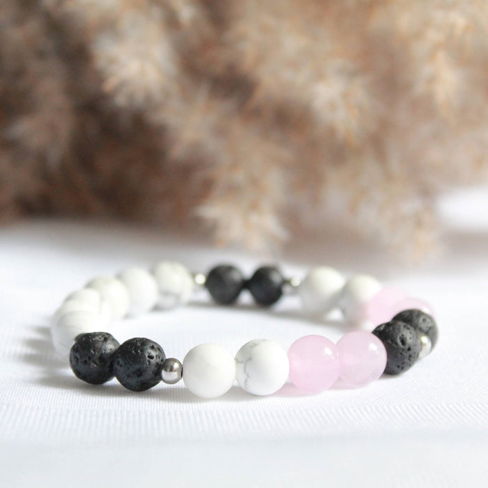 Bracelet diffuseur aphrodite en pierres semi-précieuses howlite, quartz rose et pierre de lave