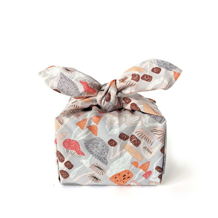 Furoshiki - emballage réutilisable - coton, gris - champignons