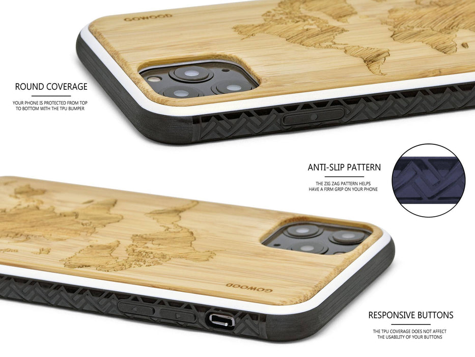 Étui iphone 11 pro en bois et côtés en tpu - bambou avec gravure carte du monde