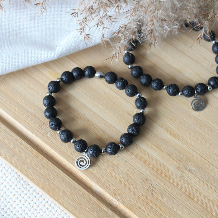 Bracelet spirale diffuseur d'huiles essentielles pour femmes et hommes en pierres de lave noire, acier inoxydable et breloque spirale