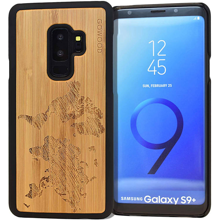 Étui samsung galaxy s9 plus en bois et côtés en polycarbonate - bambou avec gravure carte du monde