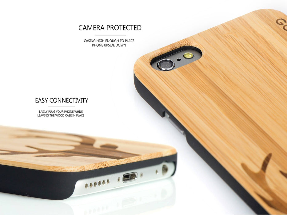 Étui iphone 6 en bois et côtés en polycarbonate - bambou avec gravure chevreuil