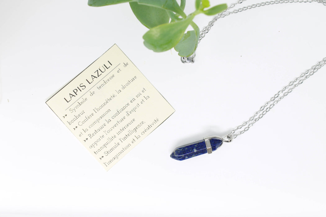 Collier minimaliste en lapis lazuli et acier inoxydable avec un pendentif en pointe en pierre semi précieuses
