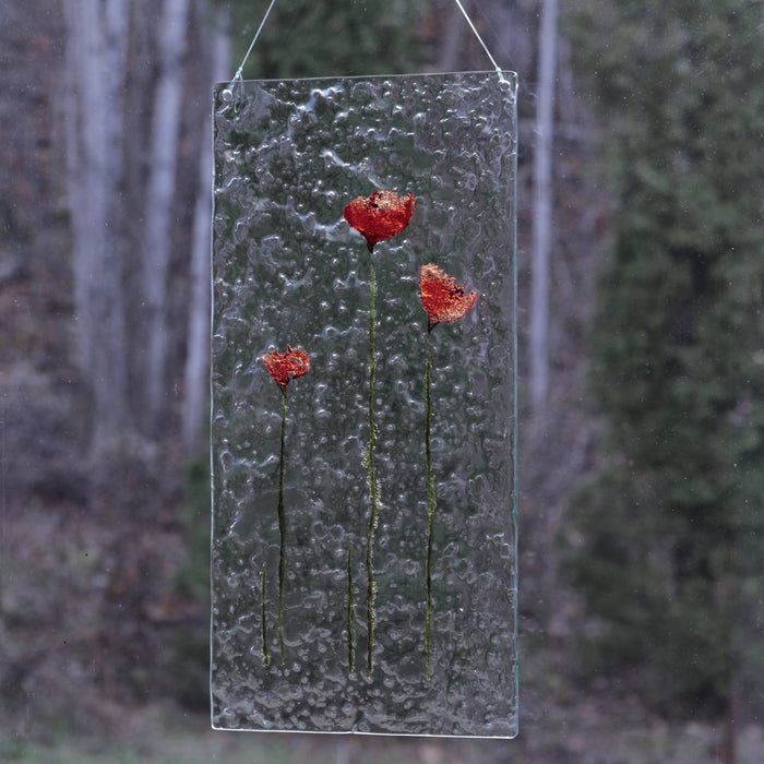 Décor de fenêtre jolis petits coquelicots/verre recyclé/tableau suspendu /pavots rouge