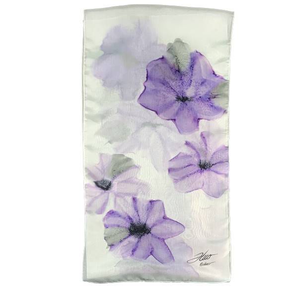 Écharpe en soie blanc fleurs mauves