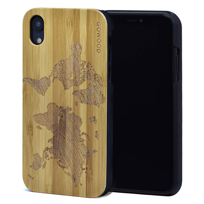 Étui iphone xr en bois et côtés en polycarbonate - bambou avec gravure carte du monde