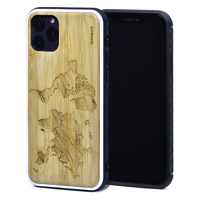 Étui iphone 11 pro en bois et côtés en tpu - bambou avec gravure carte du monde