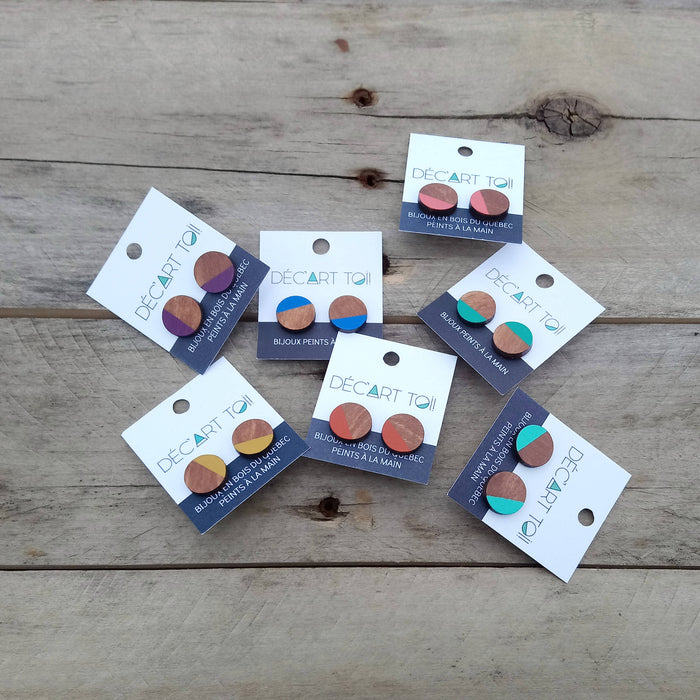14 couleurs au choix- boucles d'oreilles en bois du québec (merisier) peintes à la main et acier inoxydable