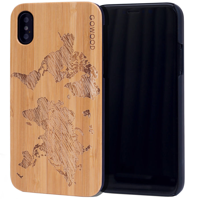 Étui iphone x et xs en bois et côtés en polycarbonate - bambou avec gravure carte du monde