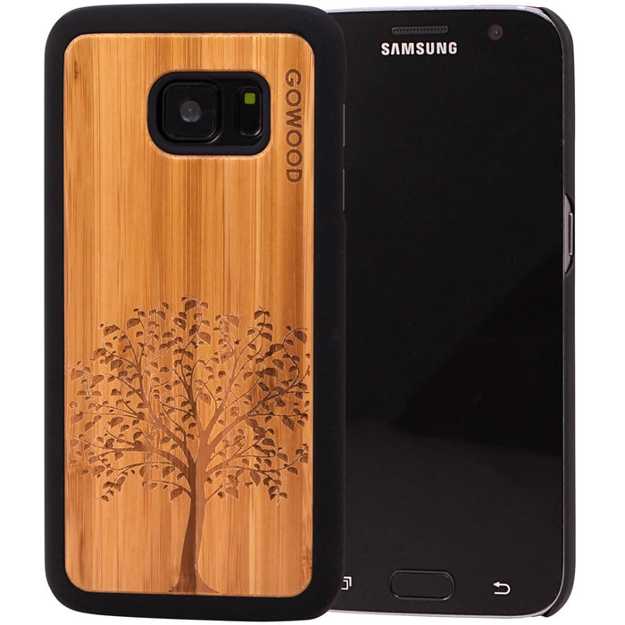 Étui samsung galaxy s7 en bois et côtés en polycarbonate - bambou avec gravure arbre