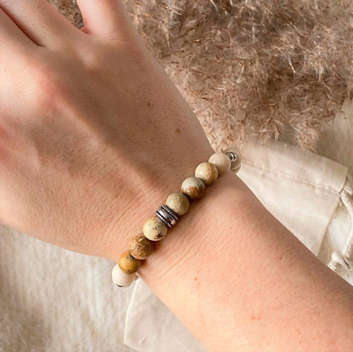 Bracelet riviera en pierres de rivière, pierres fines jaspe paysage et acier inoxydable