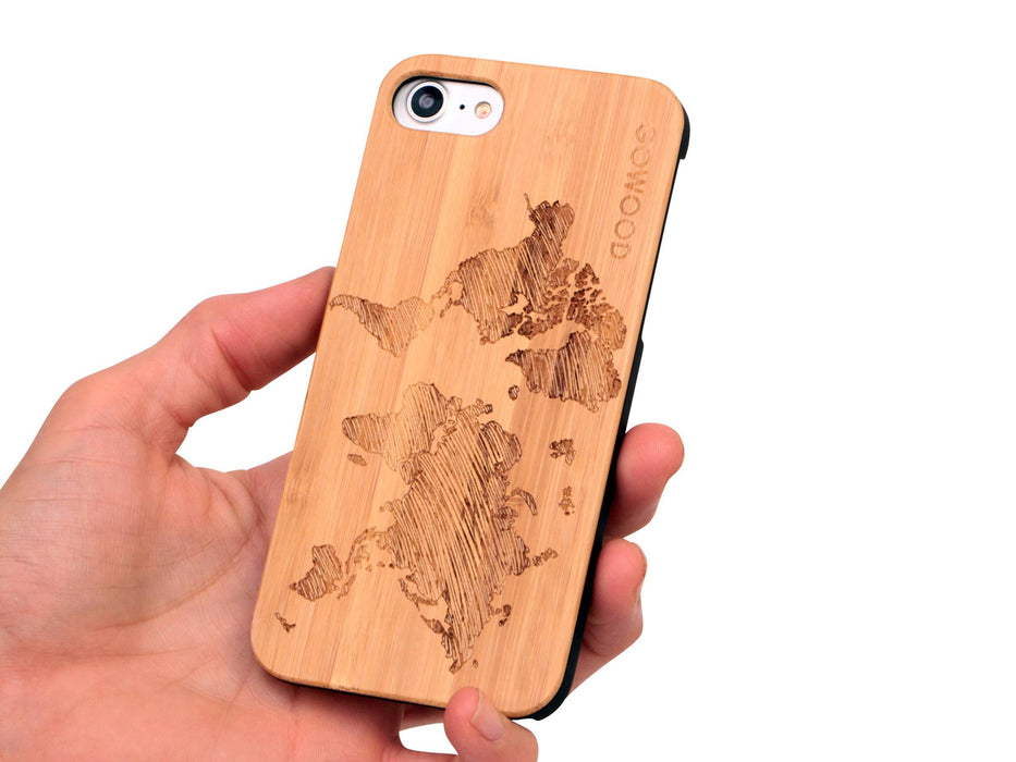 Étui iphone 7 et 8 en bois et côtés en polycarbonate - bambou avec gravure carte du monde