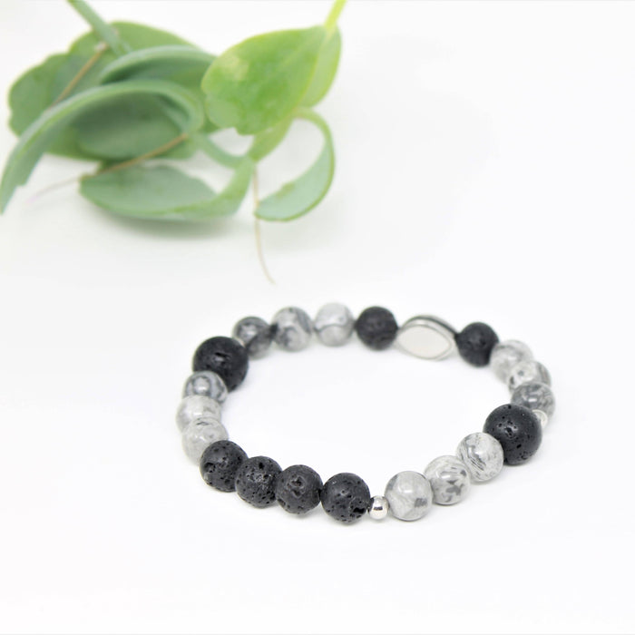 Bracelet élastique pour hommes en pierres naturelles de guérison : pierre de lave et jaspe gris