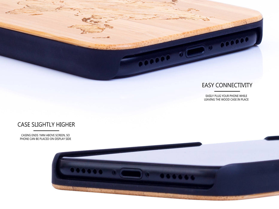 Étui iphone x et xs en bois et côtés en polycarbonate - bambou avec gravure carte du monde