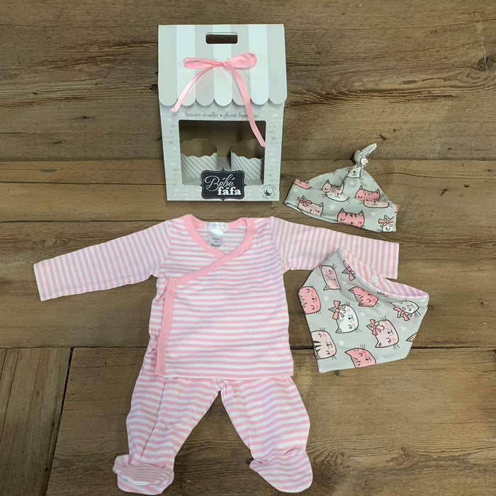 Ensemble chandail, pantalons à rayures roses, chapeau et bandana à motif de chats dormeurs